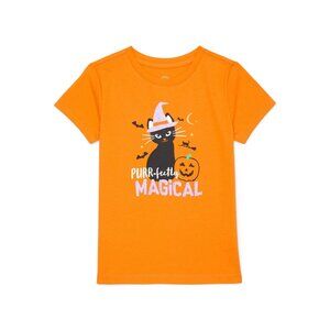 Wonder Nation Girls Halloween Cat Graphic T-Shirt with Short Sleeves Size 6-6X